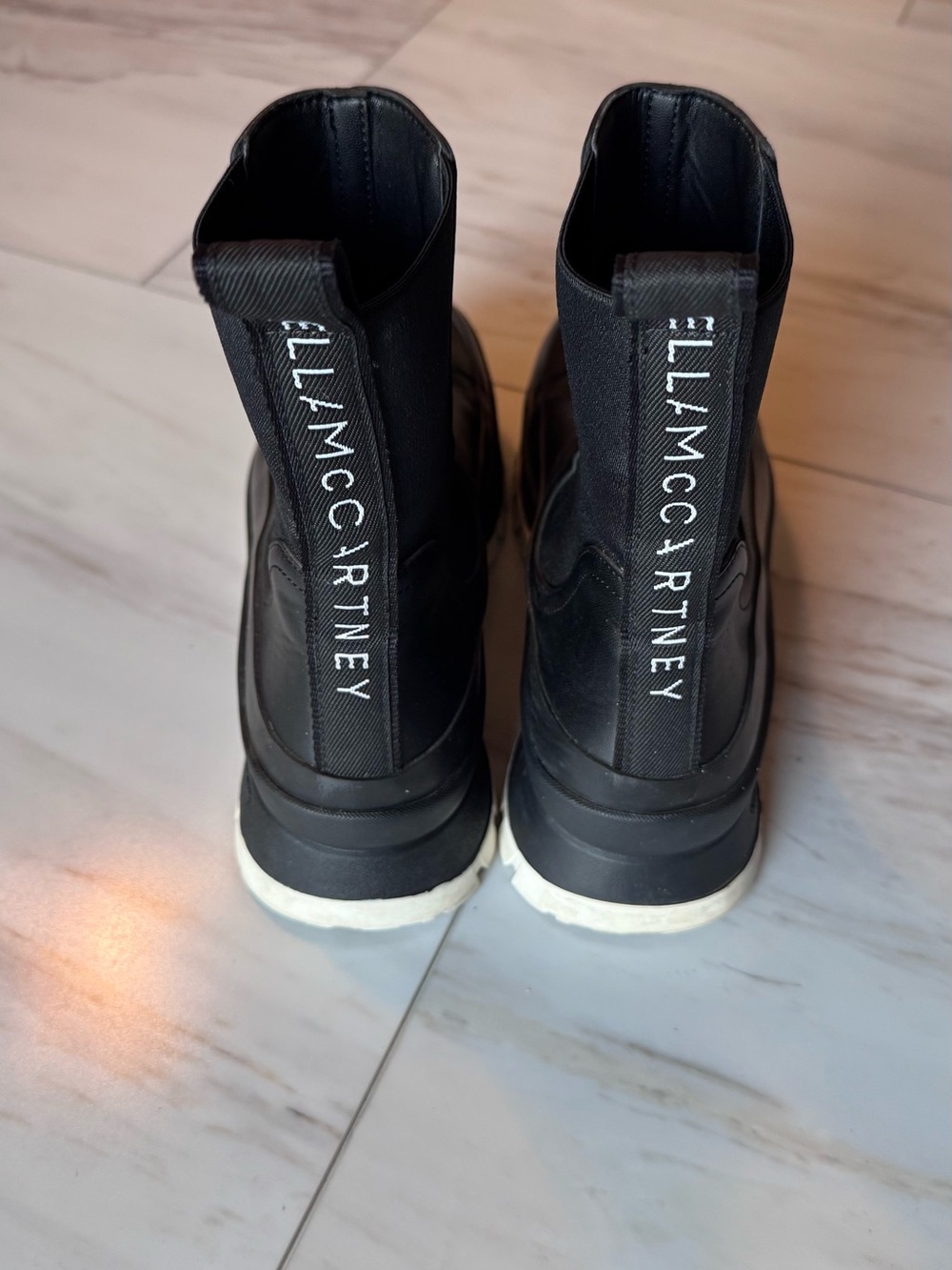 Stella McCartney Black Leather Chelsea Booties with White Lug Sole - Picture 2 of 6